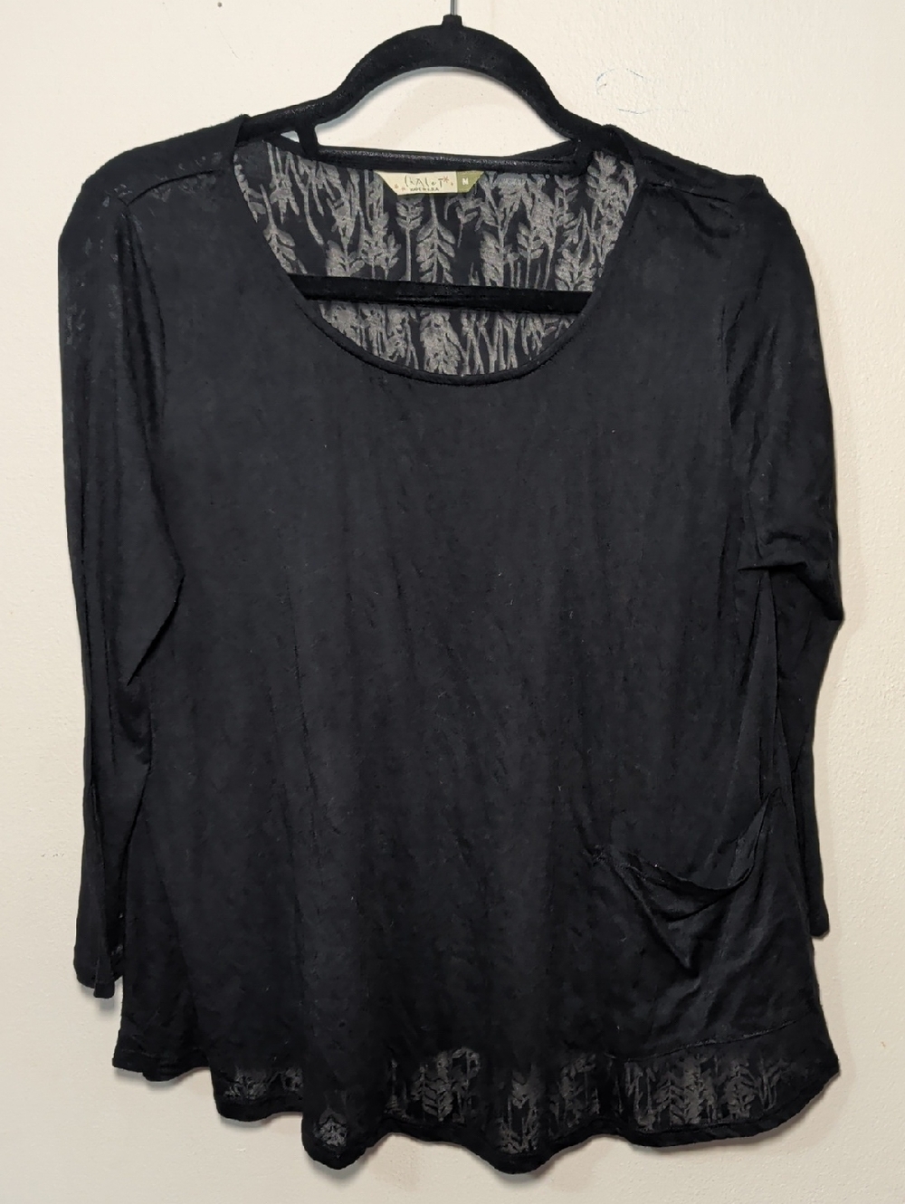 Chalet et Ceci Black Fern Print Top Scoop Neck Boho Goth Sheer Women's Size M